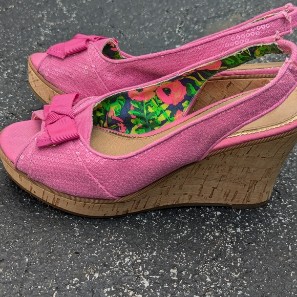 Sperry Topsider 7m Cork Wedge Pink Sequin High Heel - Picture 2 of 9
